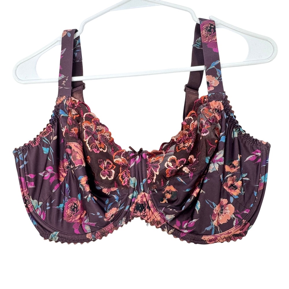 PrimaDonna Full Cup Bra Women 36G Plum Floral Embroidered Underwire Mesh Lace